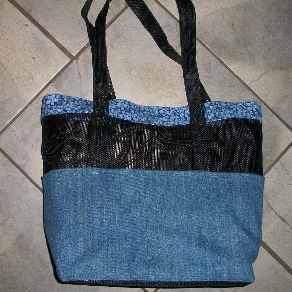 Blue Denim Heavy Mesh and Floral Reusable Tote